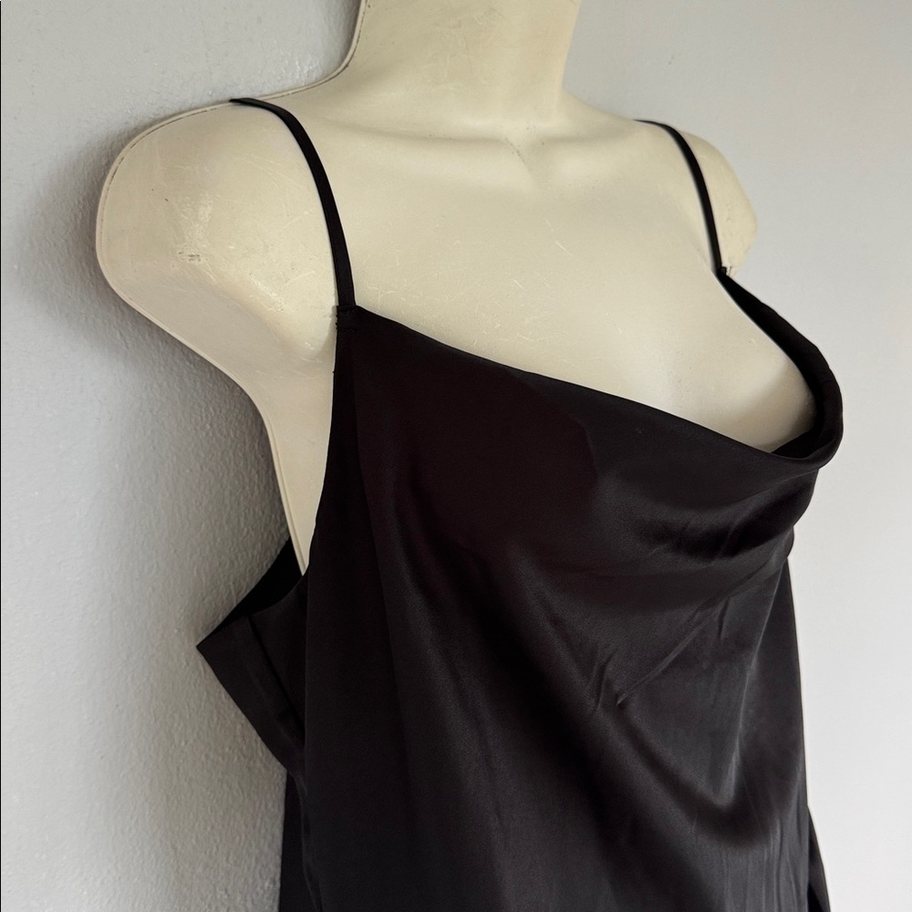 Lulus black satin spaghetti strap cowl neck midi length wrap slit dress XL - Picture 6 of 11